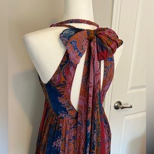 Free People Red/Blue/Pink Halter maxi dress with dramatic bow back size 0.